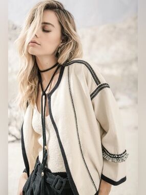 Moon River Cotton Linen Boho Jacket Blazer with Black Trim and Fringe Trim